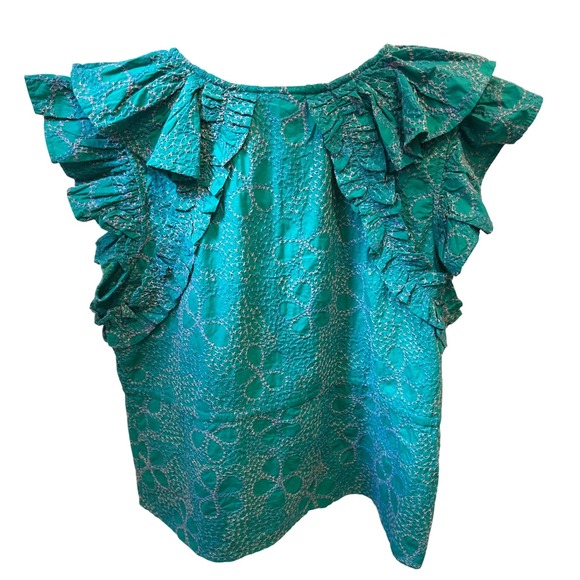 Maeve Anthropologie Emerald Green Embroidered Ruffle Sleeve Peplum Top L - Picture 7 of 7